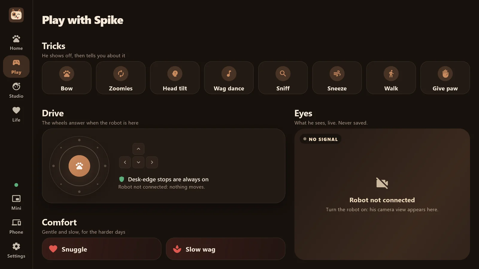 Play: tricks, a drive pad, comfort actions and the robot camera view