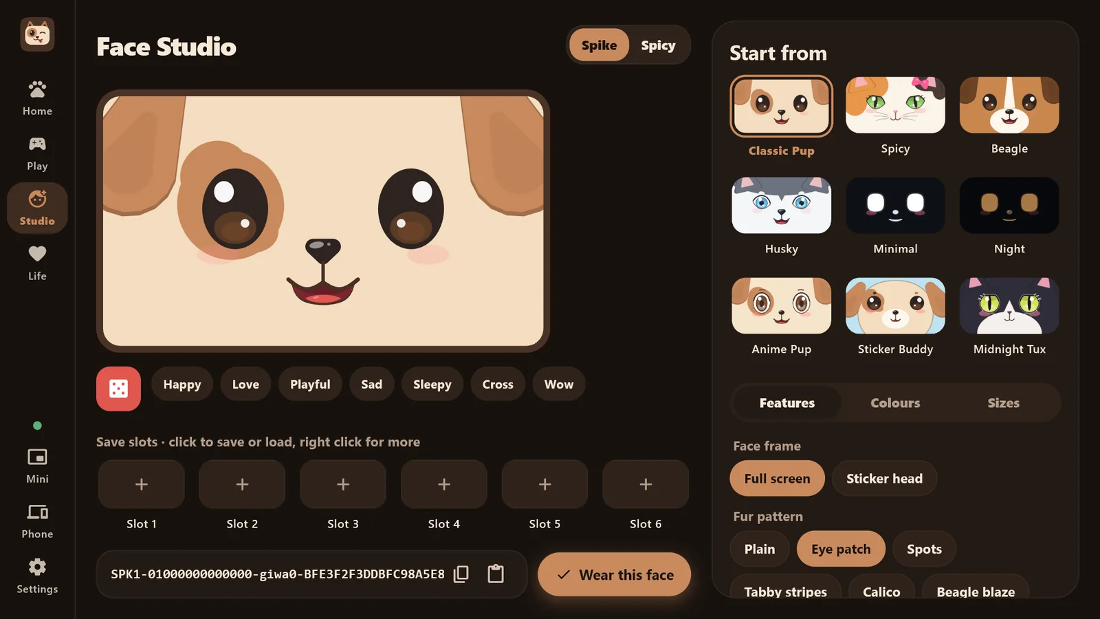 The Face Studio in Spike for Windows: a live preview of his face with moods, starting faces and save slots