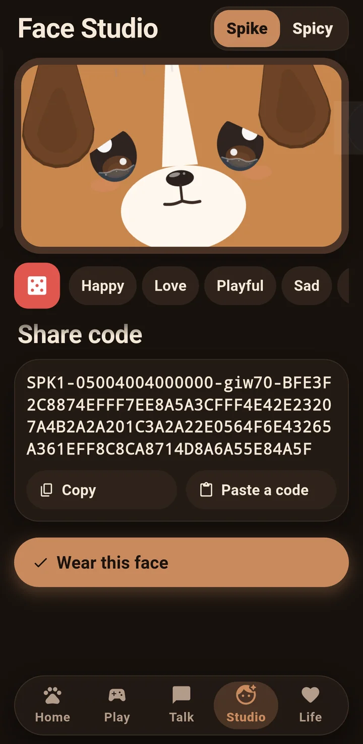 Phone app Face Studio with a share code