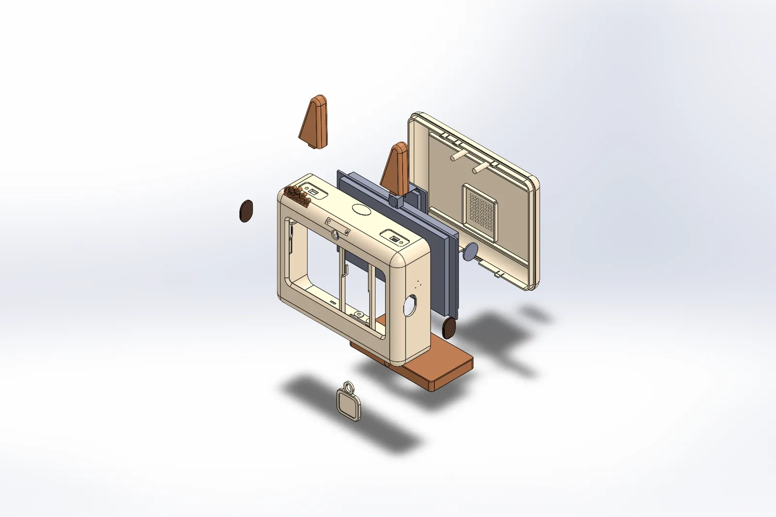 CAD: exploded view of the head: shells, screen, camera board, ears, tuft and collar tag