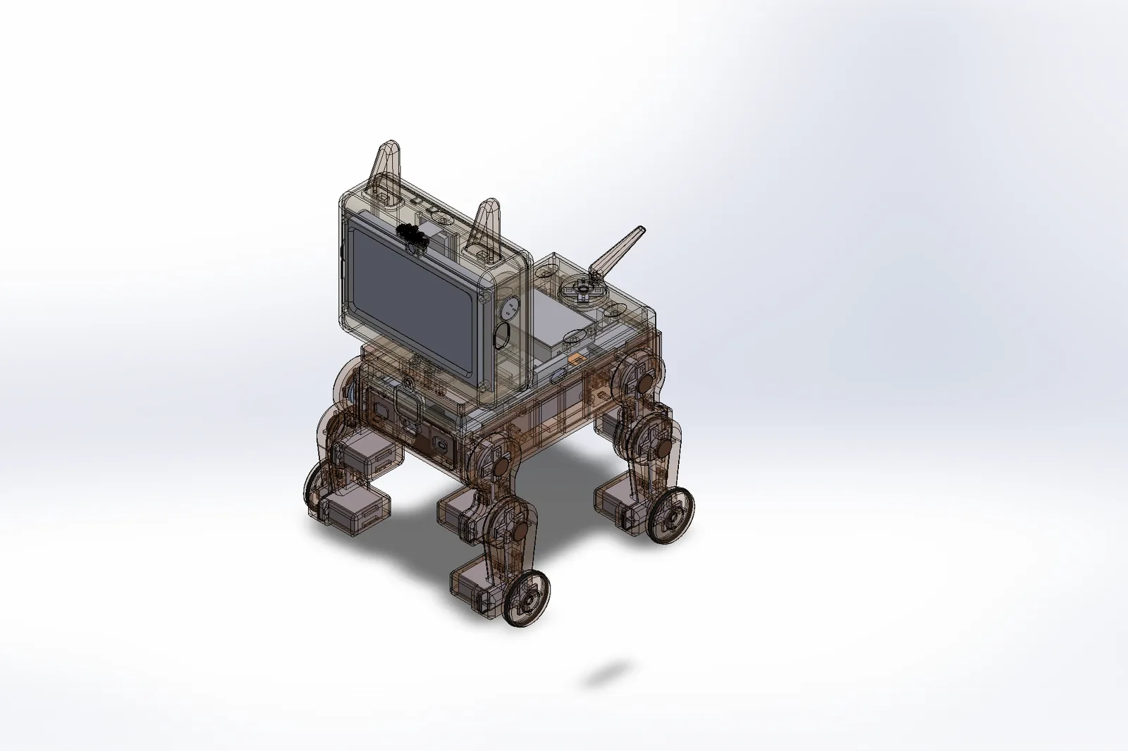 CAD: the full assembly with see-through shells showing the motors, boards and battery inside