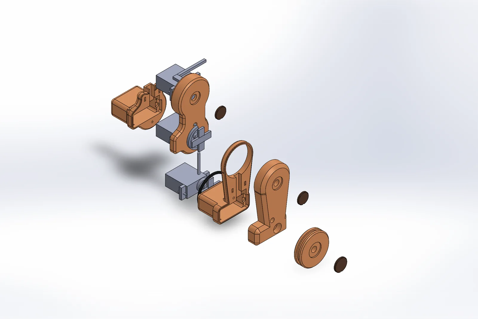 CAD: exploded view of one leg: thigh, shin, motors and the wheel paw