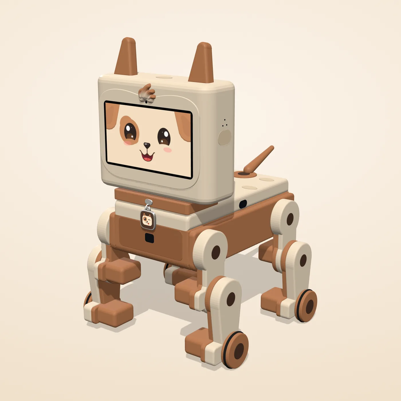 Spike, a cream and caramel robot dog, his screen face smiling up at you