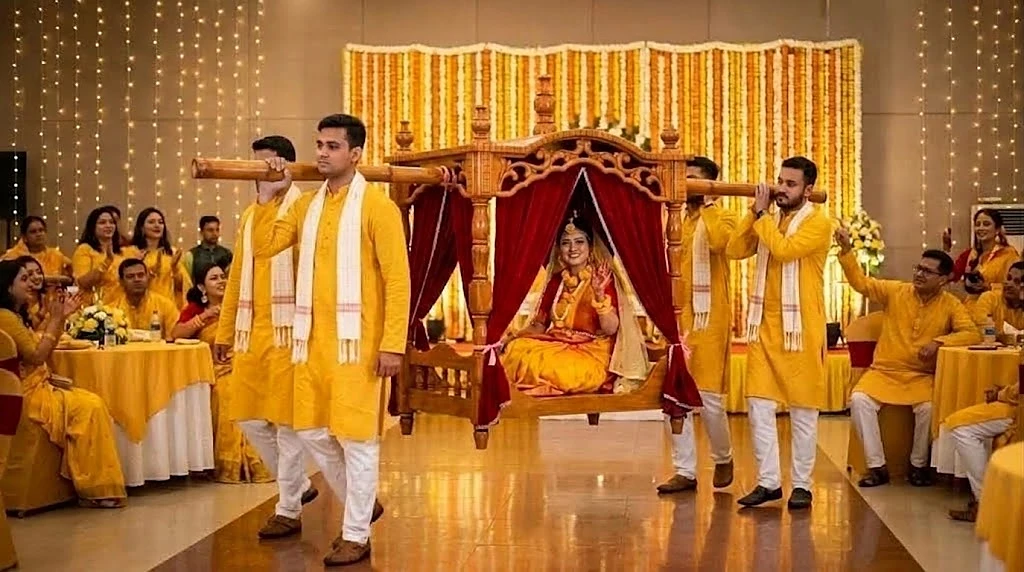 হলুদের অনুষ্ঠানে বেহারারা কাঁধে হাসি খুশির কাঠের পালকি নিয়ে আসছে, ভেতরে হাসিমুখে বউ
